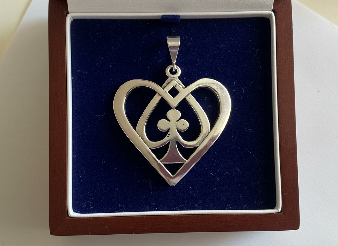 Artisan-Crafted Silver  Card Playing Pendant: Heart and Club Symbol