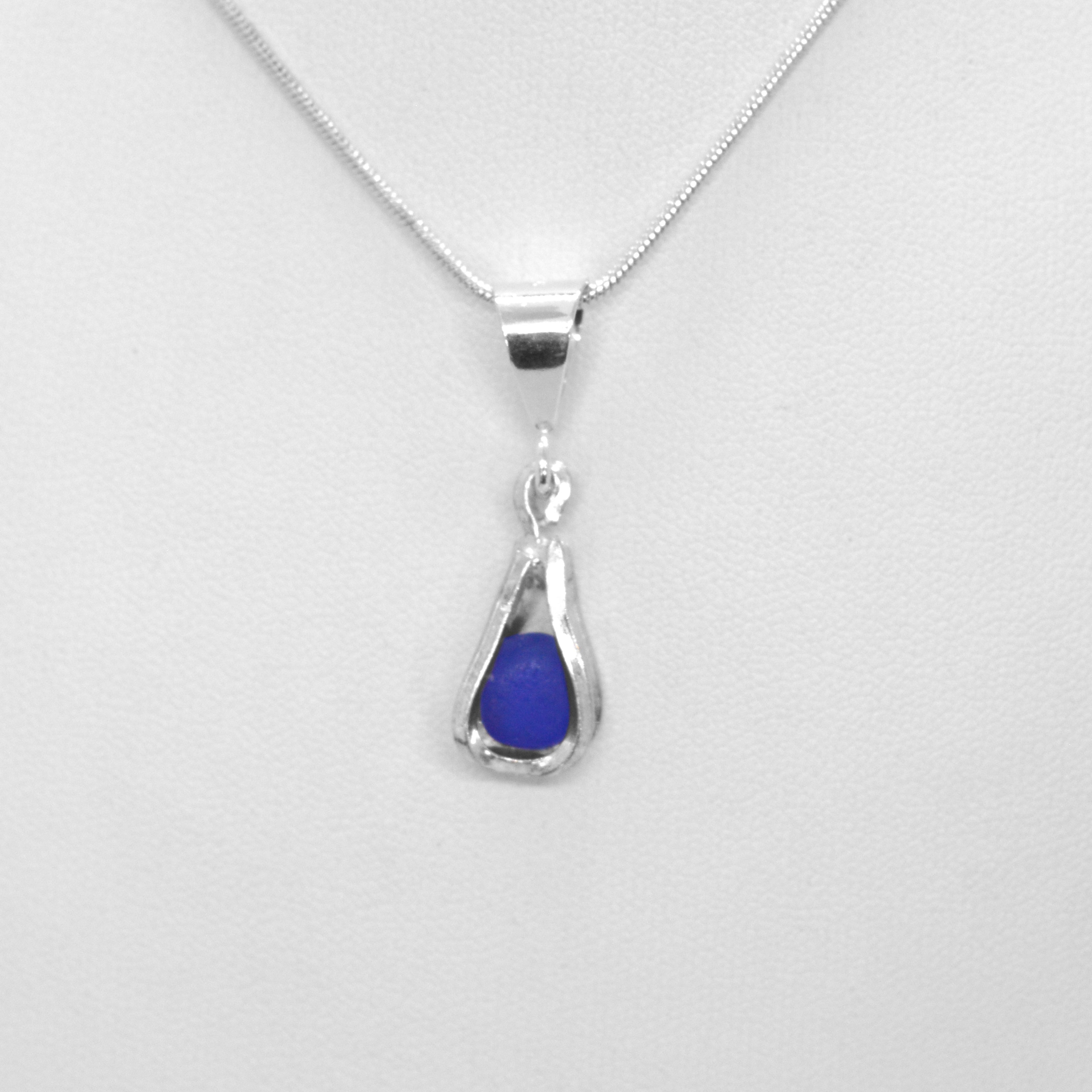 Small Blue Seaglass Sterling Silver Basket Pendant